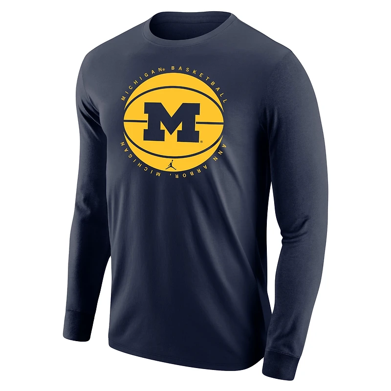 T-shirt de basket-ball à manches longues Jordan Brand pour hommes, bleu marine, Michigan Wolverines