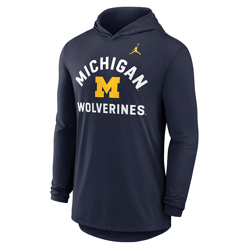 Men's Jordan Brand Navy Michigan Wolverines Primetime Arch Tri-Blend Dri-FIT Long Sleeve Hooded T-Shirt