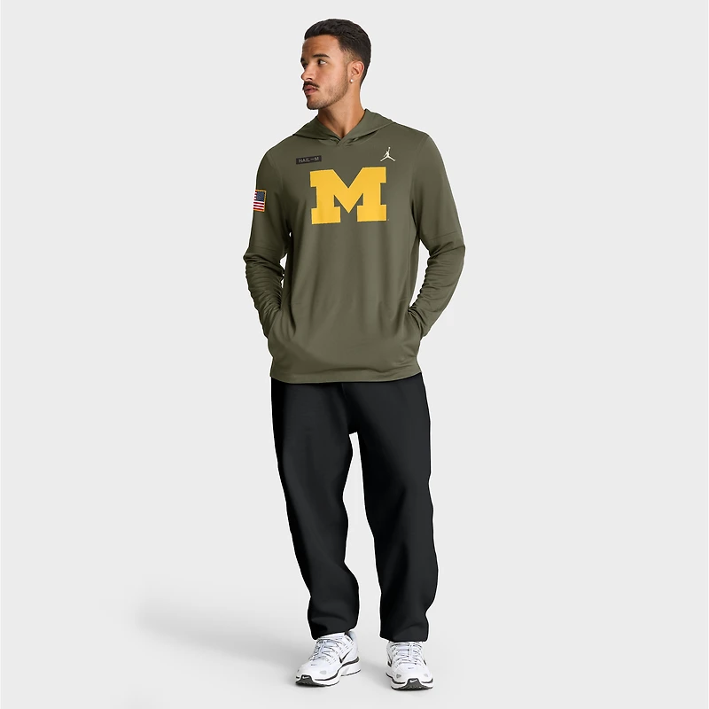 Men's Jordan Brand Olive Michigan Wolverines 2025 Military Appreciation Dri-FIT Long Sleeve Hoodie T-Shirt