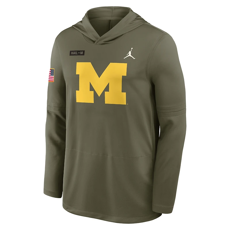 T-shirt à capuche manches longues Jordan Brand Michigan Wolverines 2025 Military Appreciation Dri-FIT pour homme, olive