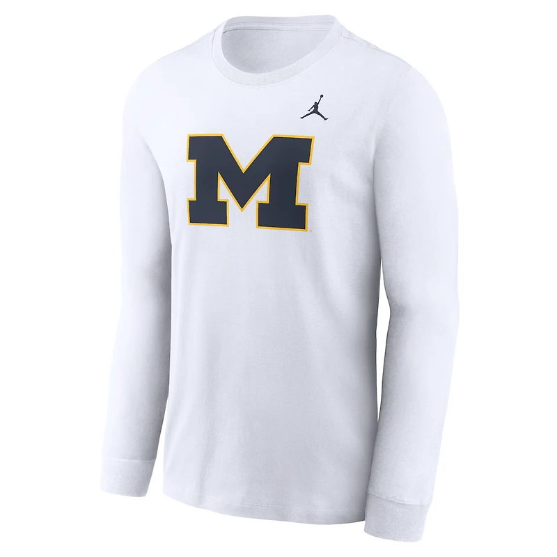 T-shirt à manches longues avec logo principal Jordan Brand blanc des Michigan Wolverines pour hommes