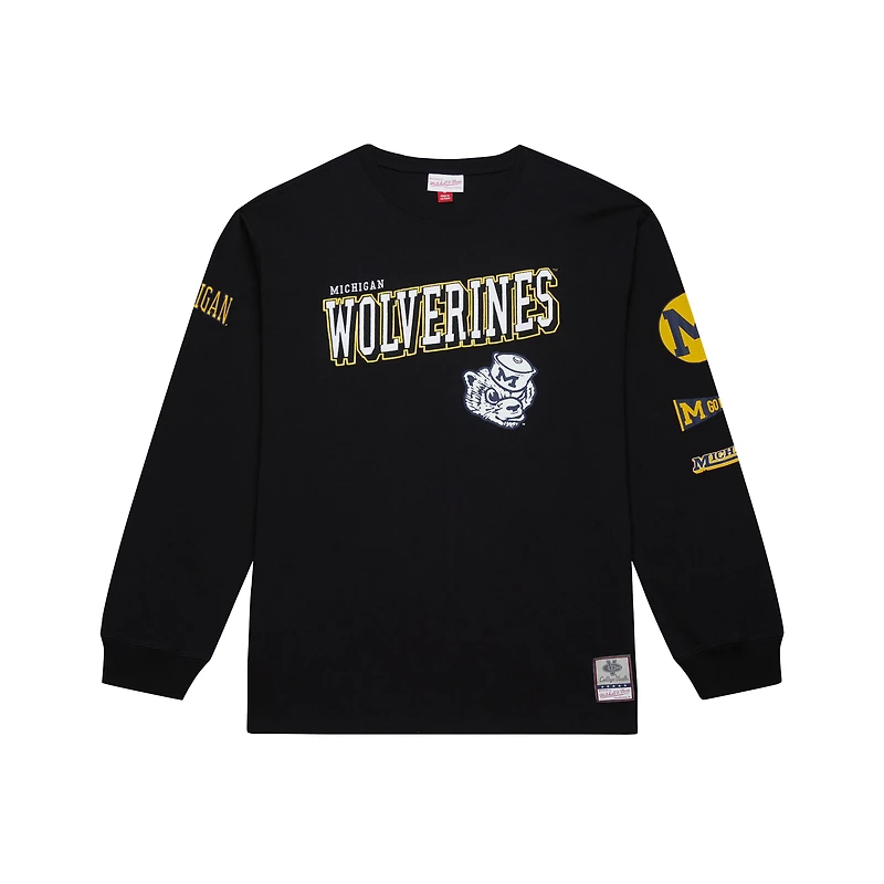 T-shirt à manches longues noir Mitchell & Ness pour homme, motif camp d'entraînement des Wolverines du Michigan