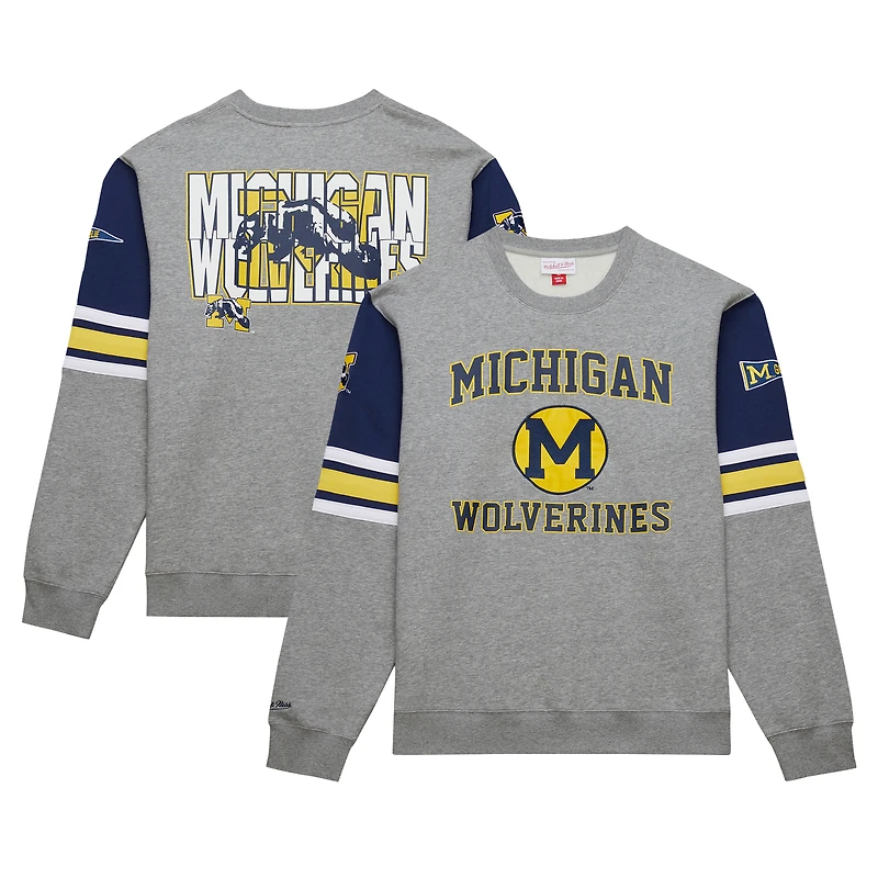 Sweat-shirt à enfiler Mitchell & Ness gris chiné Michigan Wolverines Throwback Allover 4.0 pour homme