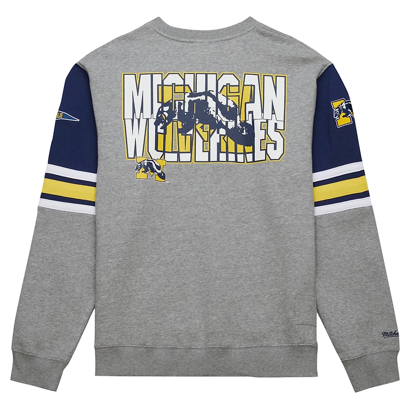 Sweat-shirt à enfiler Mitchell & Ness gris chiné Michigan Wolverines Throwback Allover 4.0 pour hommes