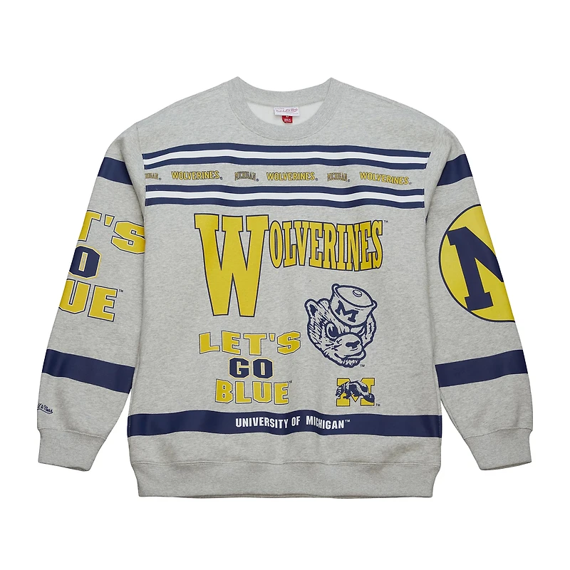 Sweat-shirt à imprimé intégral Michigan Wolverines gris chiné Mitchell & Ness pour homme