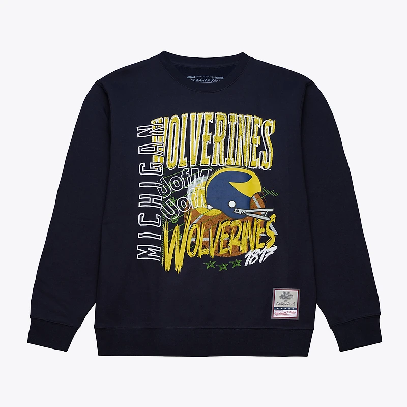 Men's Mitchell & Ness  Navy Michigan Wolverines Half Time Fleece Crewneck Sweatshirt
