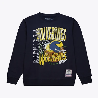 Men's Mitchell & Ness  Navy Michigan Wolverines Half Time Fleece Crewneck Sweatshirt
