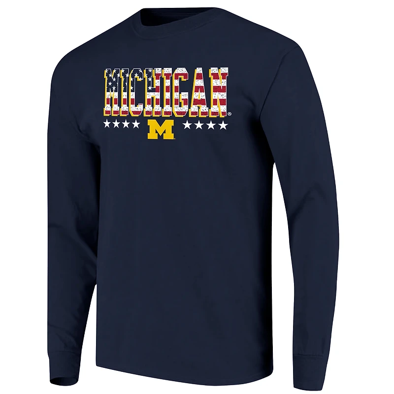 T-shirt à manches longues pour homme, bleu marine, Michigan Wolverines, taille haute, avec drapeau.