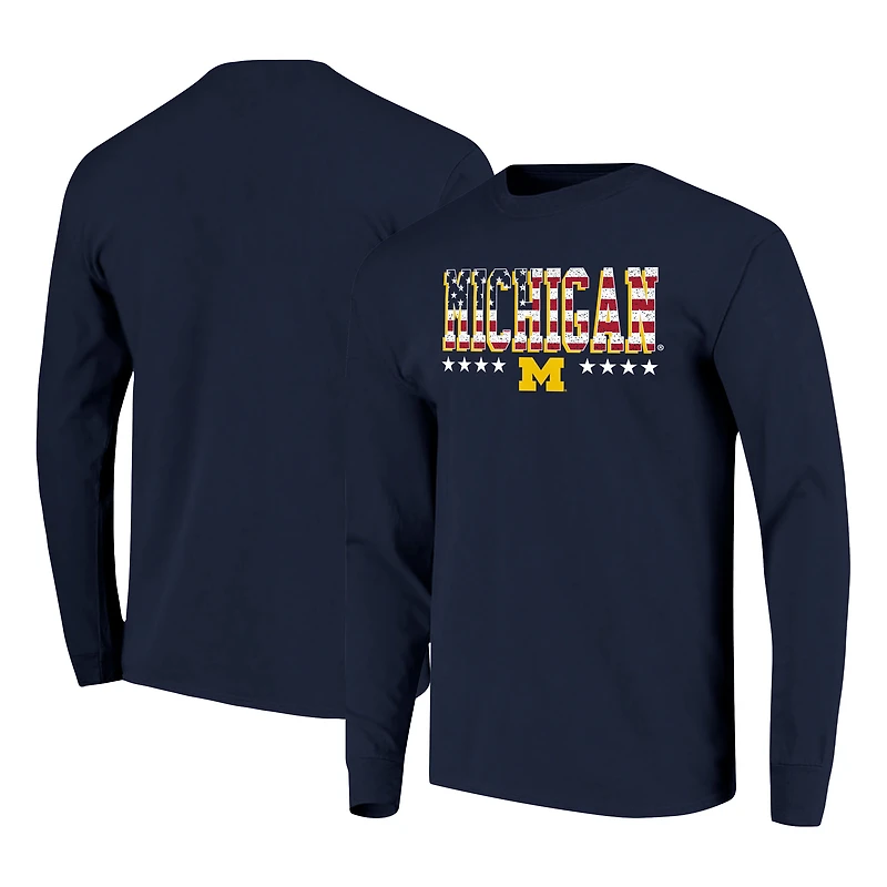 T-shirt à manches longues pour homme, bleu marine, Michigan Wolverines, taille haute, avec drapeau.