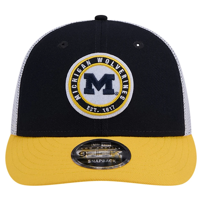 Casquette de camionneur Snapback 9FIFTY New Era pour hommes, Michigan Wolverines Throwback Circle Patch, bleu marine