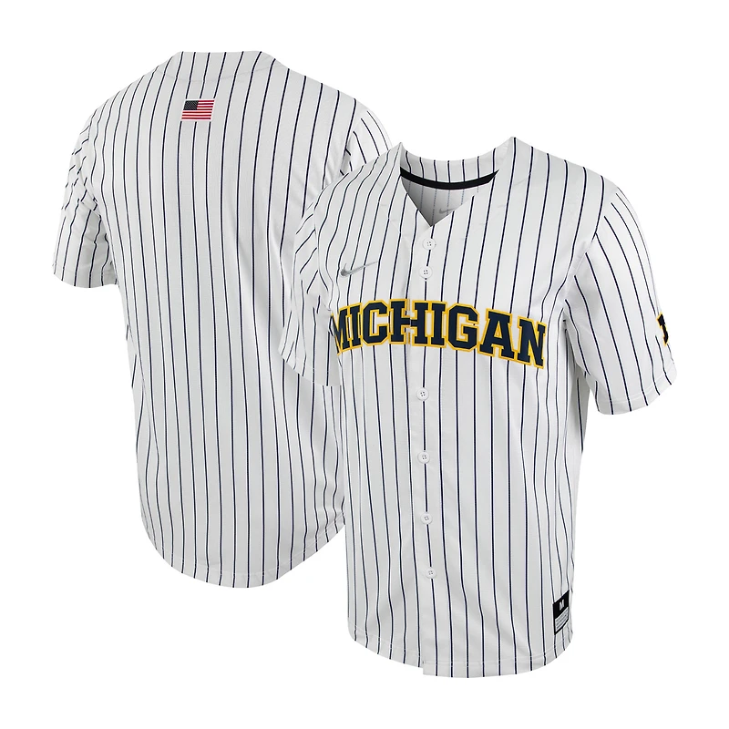 Maillot de baseball Nike pour homme, réplique à fines rayures des Michigan Wolverines, blanc/bleu marine, boutonné sur toute la longueur