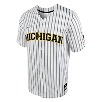 Maillot de baseball Nike pour homme, réplique à fines rayures des Michigan Wolverines, blanc/bleu marine, boutonné sur toute la longueur