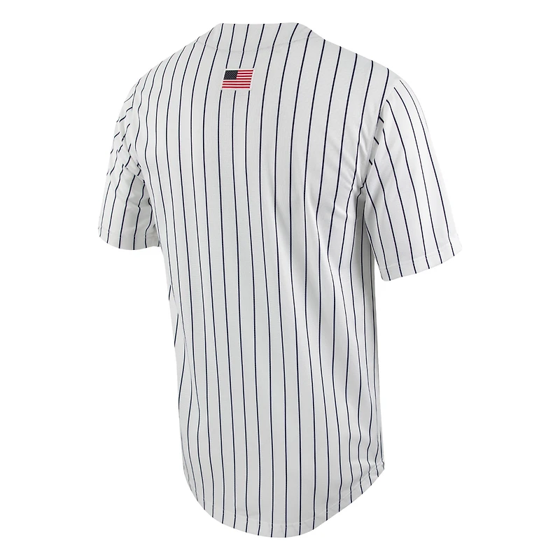 Maillot de baseball Nike pour homme, réplique à fines rayures des Michigan Wolverines, blanc/bleu marine, boutonné sur toute la longueur