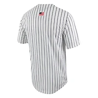 Maillot de baseball Nike pour homme, réplique à fines rayures des Michigan Wolverines, blanc/bleu marine, boutonné sur toute la longueur