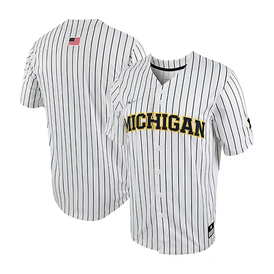 Maillot de baseball Nike pour homme, réplique à fines rayures des Michigan Wolverines, blanc/bleu marine, boutonné sur toute la longueur