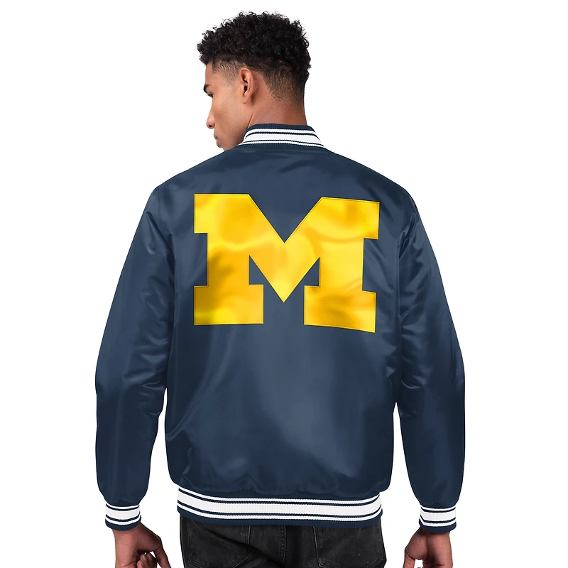 Men's Starter Navy Michigan Wolverines Two-Hit Satin Varsity Full-Snap Jacket