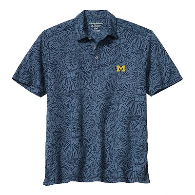 Men's Tommy Bahama Navy Michigan Wolverines IslandZone Wild Hibiscus Tri-Blend Polo