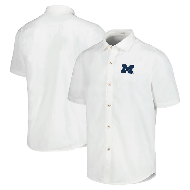 Men's Tommy Bahama White Michigan Wolverines Coconut Point Palm Vista IslandZone Camp Button-Up Shirt