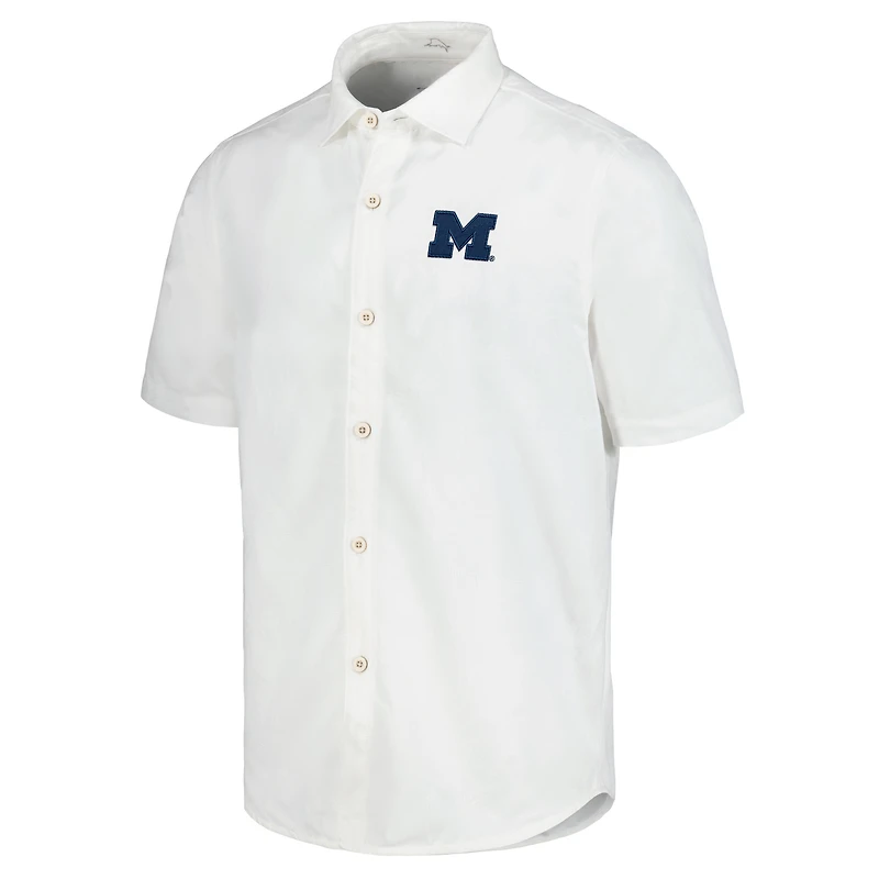 Men's Tommy Bahama White Michigan Wolverines Coconut Point Palm Vista IslandZone Camp Button-Up Shirt