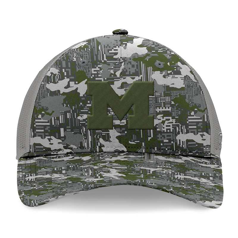 Top of the World pour hommes Gris Michigan Wolverines OHT Military Appréciation Pledge Trucker Camo Casquette réglable