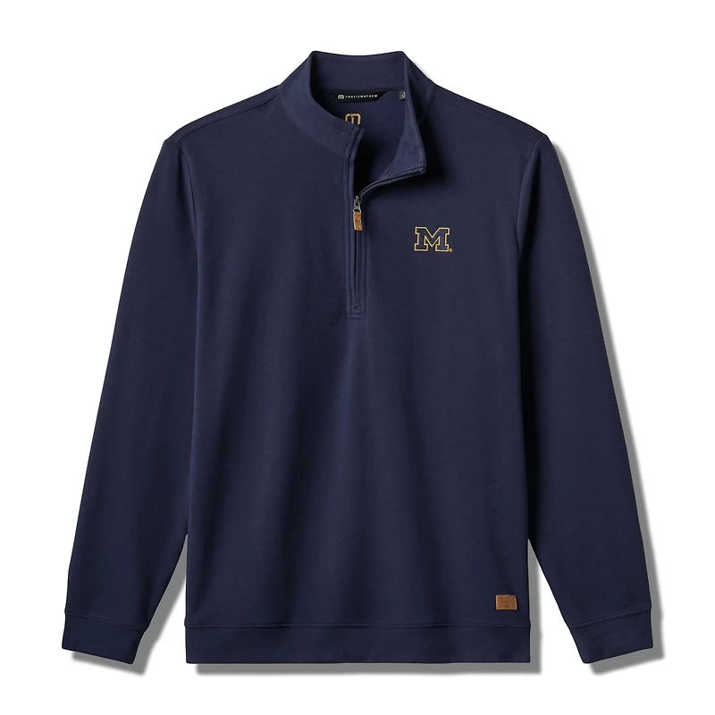 Pull TravisMathew bleu marine Michigan Wolverines Cloud Home Game pour homme, col zippé, en mélange de trois matières.