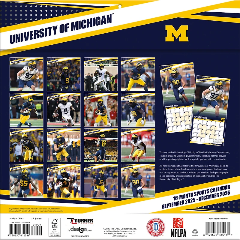 Calendrier mural 2026 des Wolverines du Michigan (12 po x 12 po)
