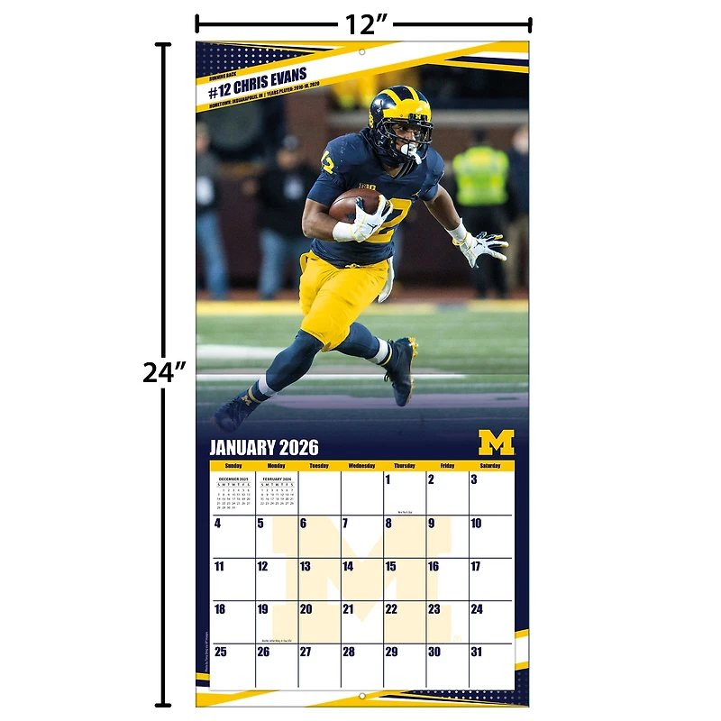 Calendrier mural 2026 des Wolverines du Michigan (12 po x 12 po)