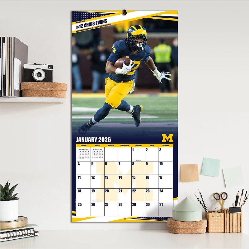 Calendrier mural 2026 des Wolverines du Michigan (12 po x 12 po)