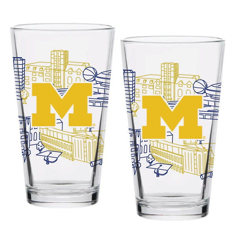 Michigan Wolverines Two-Pack 16oz. Campus Line Art Pint Glass Set