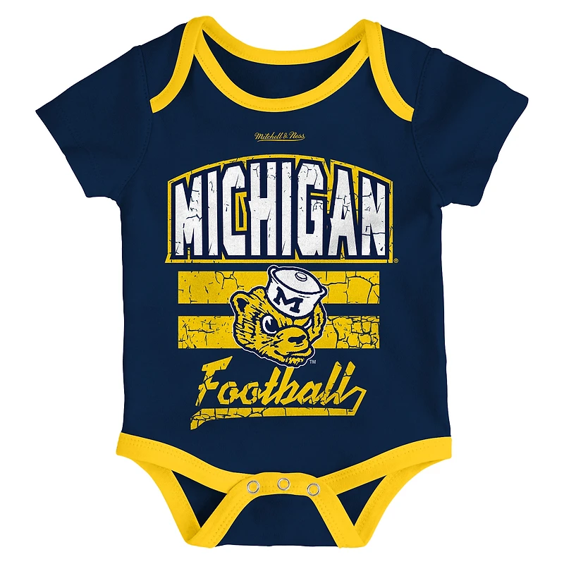 Newborn & Infant Mitchell Ness Navy Michigan Wolverines 3-Pack Bodysuit, Bib and Bootie Set