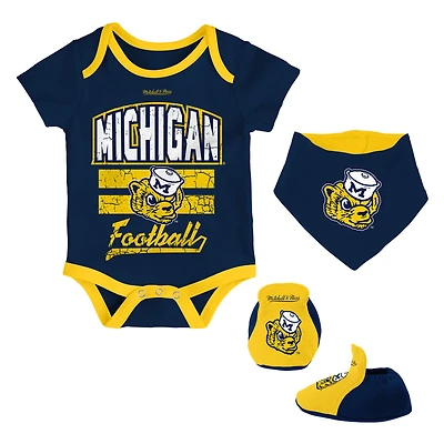 Ensemble de 3 bodys, bavoirs et chaussons pour nouveau-né bébé Mitchell & Ness Navy Michigan Wolverines