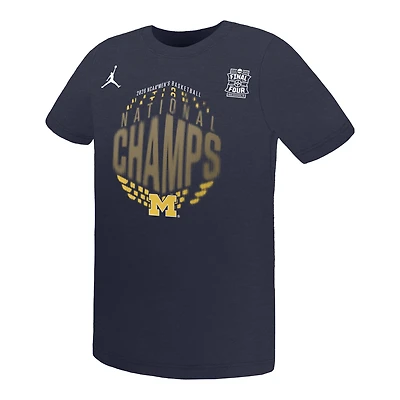 T-shirt Jordan Brand bleu marine pour enfants d'âge préscolaire, Michigan Wolverines, champions nationaux de basketball masculin NCAA 2026, vestiaire