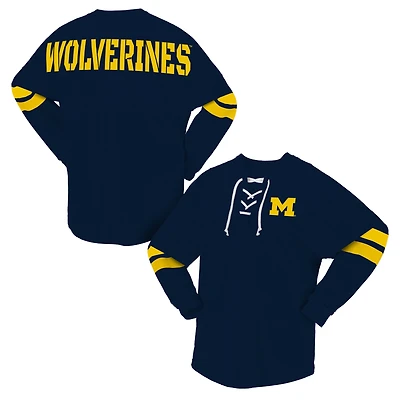 T-shirt unisexe Spirit Jersey bleu marine Michigan Wolverines à lacets et col en V manches longues