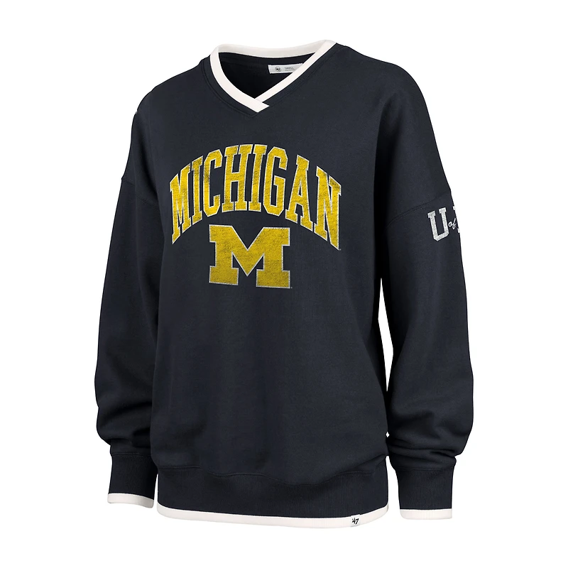 Women's '47 Navy Michigan Wolverines Clubhouse Daze Eighty V-Neck Pullover Sweatshirt