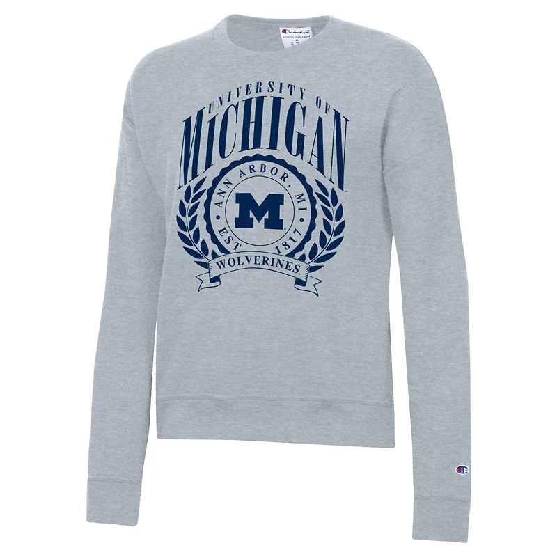 Women's Champion Heather Gray Michigan Wolverines Academic Crest Powerblend Crewneck Sweatshirt