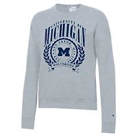 Women's Champion  Heather Gray Michigan Wolverines Academic Crest Powerblend Crewneck Sweatshirt