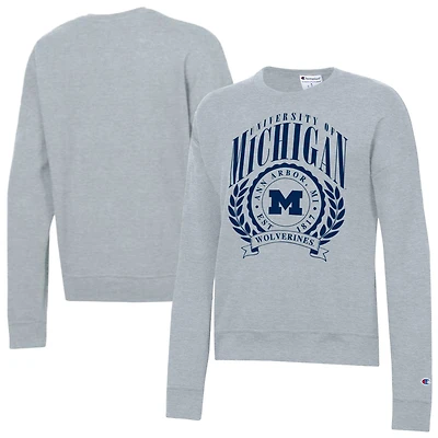 Women's Champion  Heather Gray Michigan Wolverines Academic Crest Powerblend Crewneck Sweatshirt
