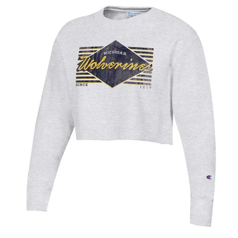 Sweat-shirt court Champion Heather Grey Michigan Wolverines Reverse Weave pour femmes