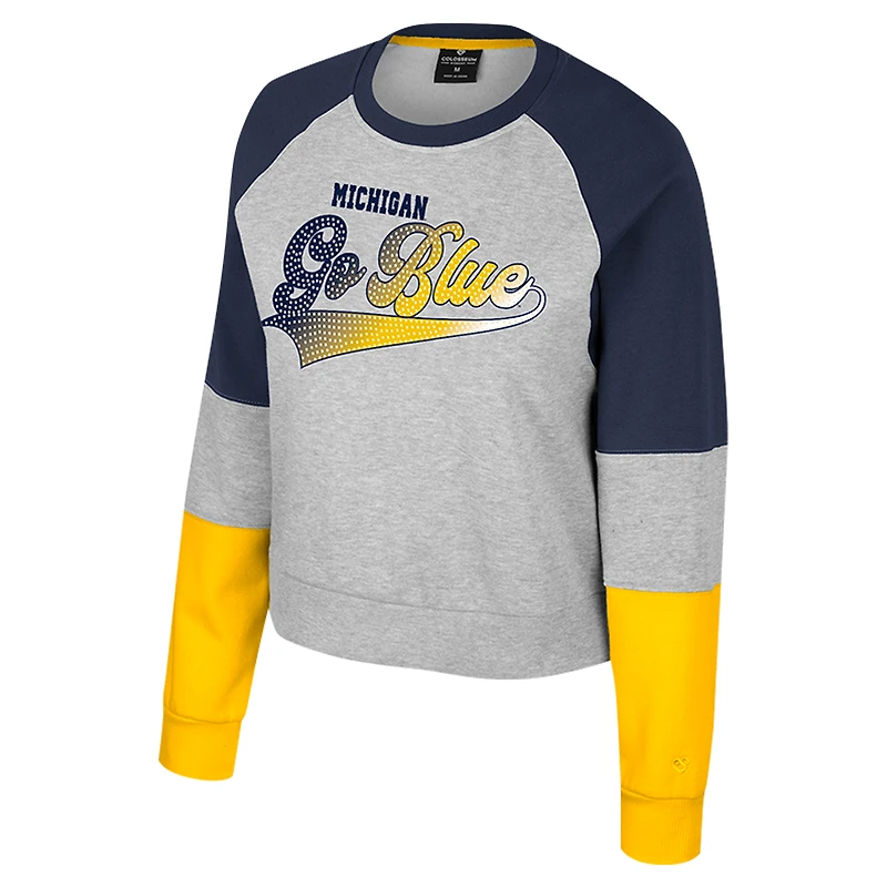 Women's Colosseum Heather Gray Michigan Wolverines Katinka Rhinestone Scoop Neck Pullover Sweatshirt
