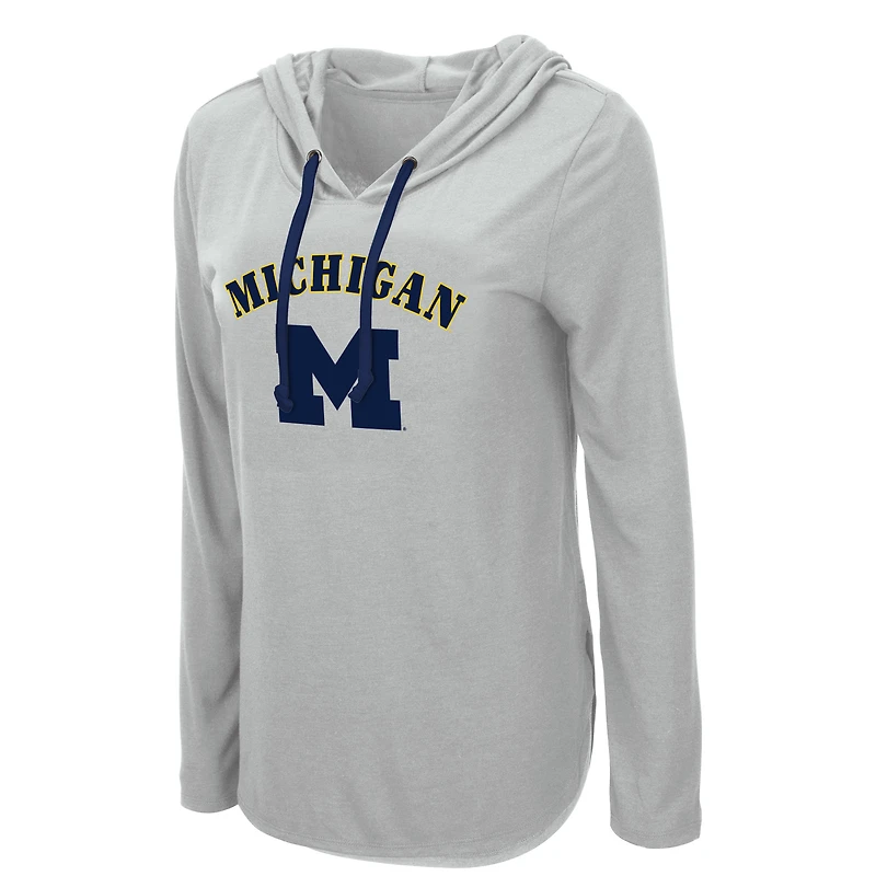 Women's Colosseum Heather Gray Michigan Wolverines My Lover Lightweight Hooded Long Sleeve T-Shirt