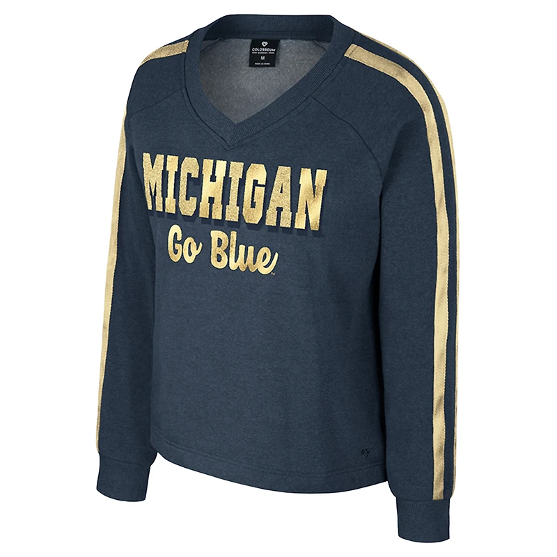 T-shirt à manches longues et col en V pour femme Colosseum Navy Michigan Wolverines Treasures