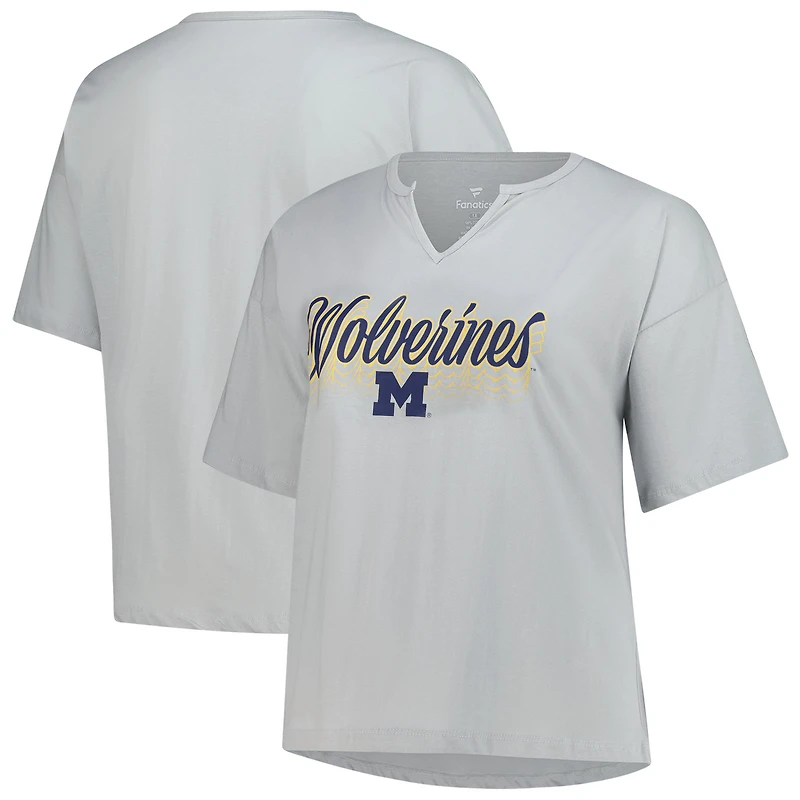 Women's Fanatics Gray Michigan Wolverines Plus Winning Gear Notch Neck T-Shirt