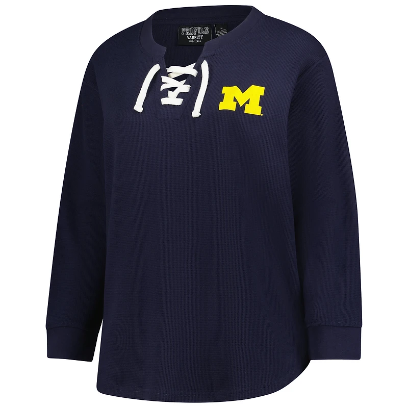 Women's Fanatics Navy Michigan Wolverines Lace-Up Waffle Knit Plus Long Sleeve T-Shirt