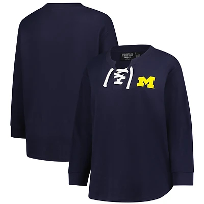 Women's Fanatics Navy Michigan Wolverines Lace-Up Waffle Knit Plus Long Sleeve T-Shirt