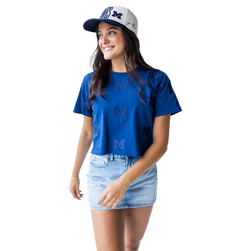 Women's Gameday Social Navy Michigan Wolverines Allover Print Heavyweight Cropped T-Shirt