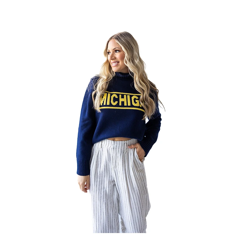 Women's Gameday Social Navy Michigan Wolverines Chenille Turtleneck Sweater