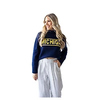 Women's Gameday Social Navy Michigan Wolverines Chenille Turtleneck Sweater