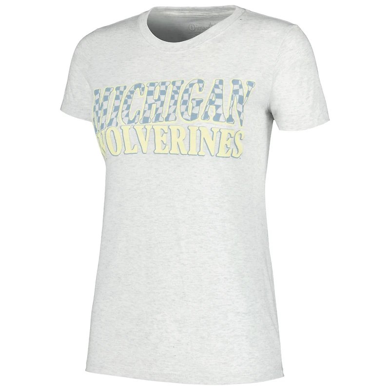 Women's Heather Gray Michigan Wolverines Checkered Team Name Wavy Tri-Blend T-Shirt