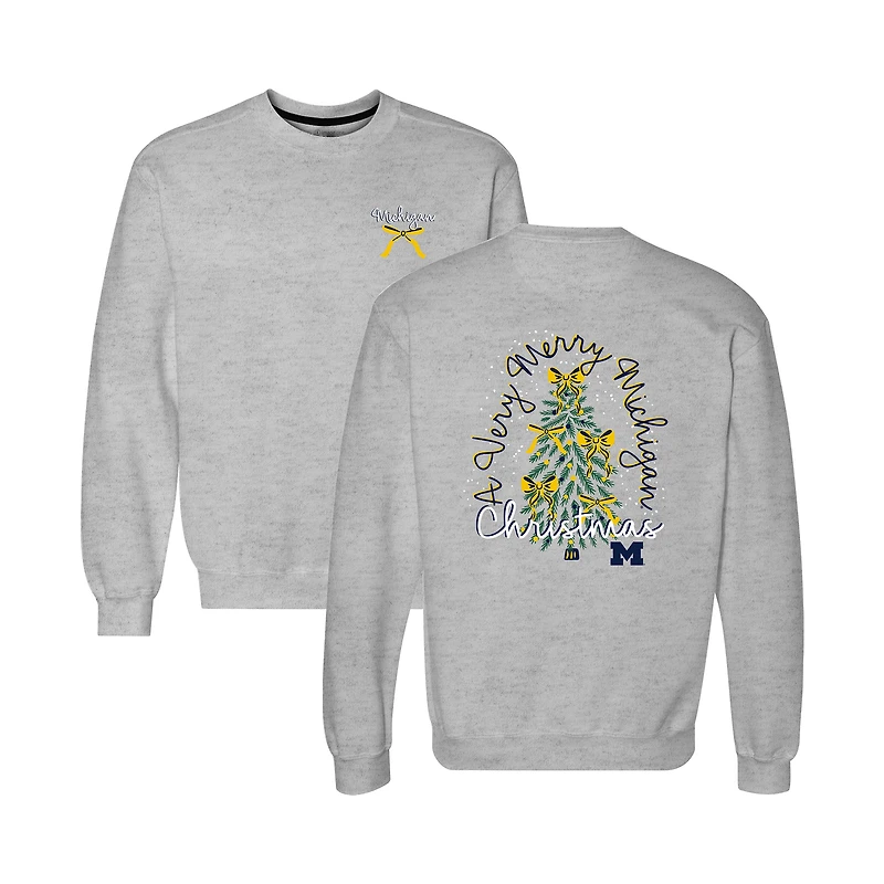 Women's  Heather Gray Michigan Wolverines Classic Merry Christmas Tree Crewneck Sweatshirt