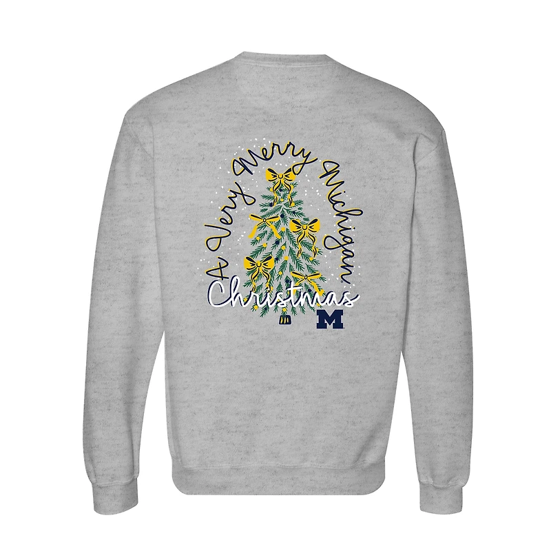 Women's  Heather Gray Michigan Wolverines Classic Merry Christmas Tree Crewneck Sweatshirt